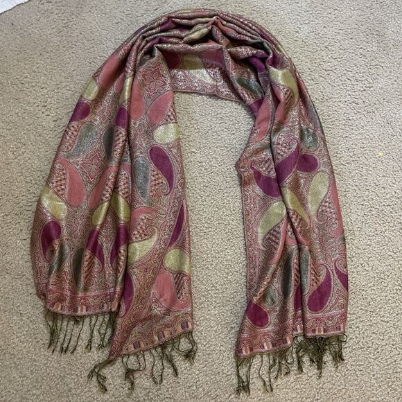 Womens Pashmina Silk Scarf Shawl Paisley Green Pink Hippie Boho Ethnic - Picture 1 of 6